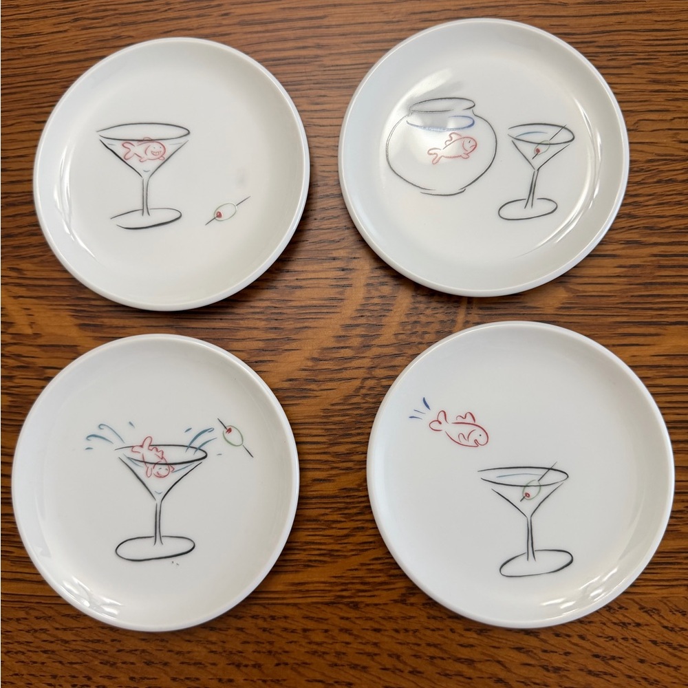 Pottery Barn White Ceramic Cocktail Plates with Whimsical Designs
